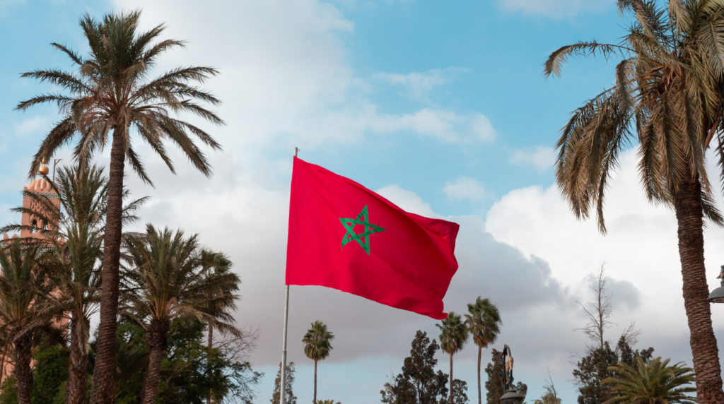 Drapeau du Maroc avec palmiers.